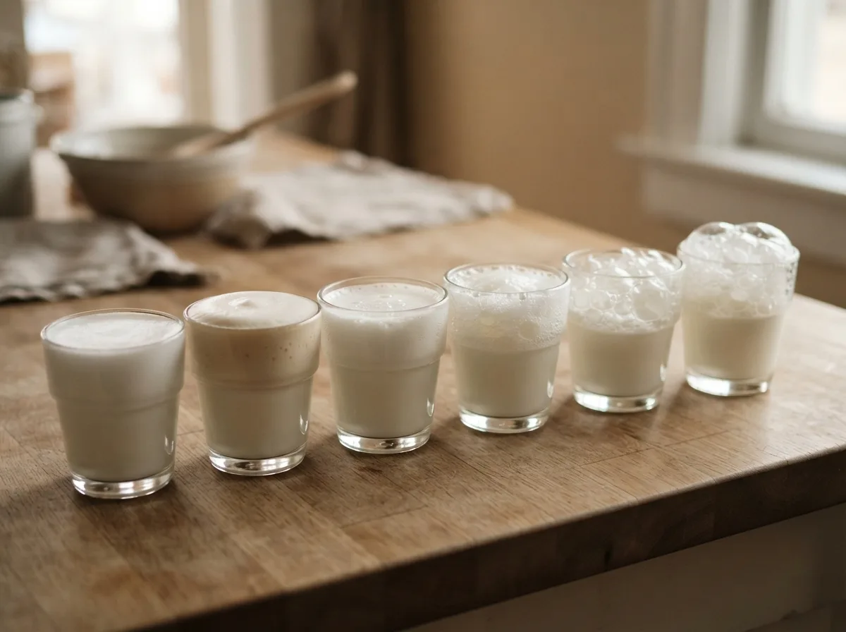 Six glasses of milk in a row on a wood counter, each with a different foam texture, from dense fine foam to large loose bubbles